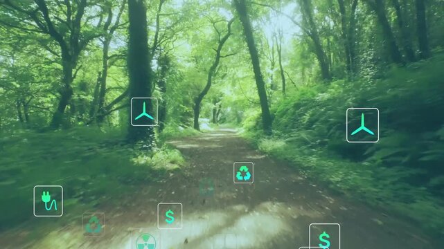 POV camera moving down trail, causing teal AR eco icons grouping, floating and showing energy costs