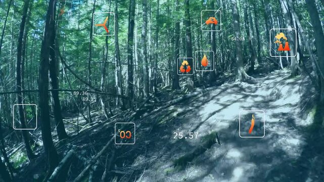 Camera advancing uphill causing icons lighting, boxes tracking trail roots, numbers updating map
