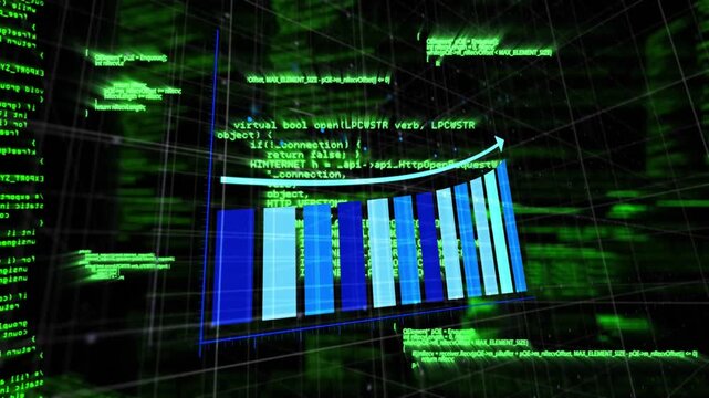Green code scrolling initiating 3D blue bars emerging, arrow rising, frame isolating finance growth