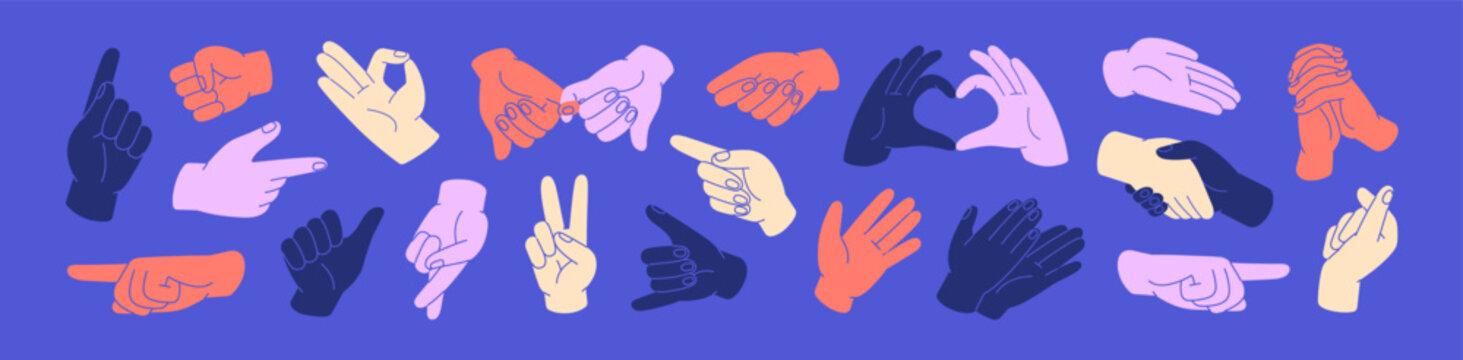 Set of different hand gestures. Nonverbal communication and body language. Handshake, pointing fingers, greeting signs, thumbs up and symbols of love and peace. Flat isolated vector illustrations