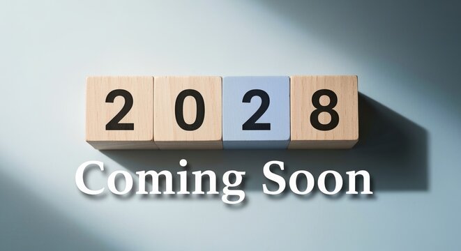 Minimal Editorial Style with Stamped Blocks Reading 2028 Over Coming Soon in Background Design