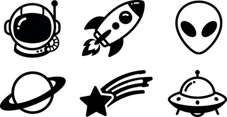 Fototapeta premium Black and white space icons set with astronaut rocket alien planet star and ufo