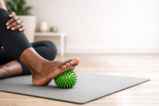 african american woman using spiky massage ball for foot reflexology. Self-massage tool to relieve plantar fasciitis and muscle pain. Physical therapy at home for wellness and recovery
