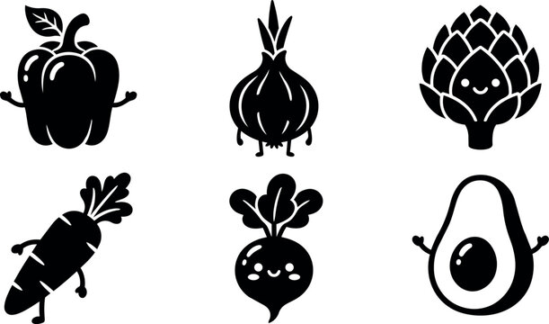 Black and white cute vegetable icons with smiling faces and arms
