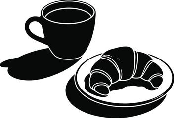 Obraz premium Coffee Mug and Croissant Pastry Silhouette for Breakfast Concept 