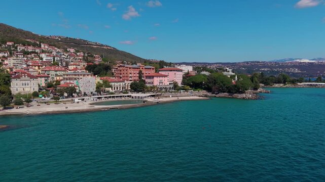 Seaside view of coastal town Opatija in the northeast of the Istrian peninsula. Opatijska rivjera. Kvarner bay. Travel in Croatia