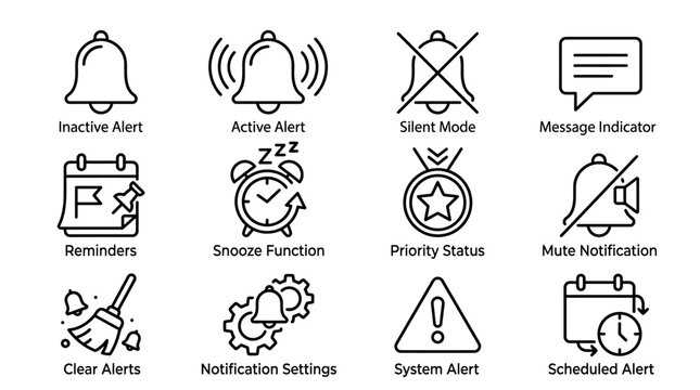 Modern UI/UX design A comprehensive vector icon set featuring notification, alert, and reminder functionalities crucial for digital interfaces and application development
