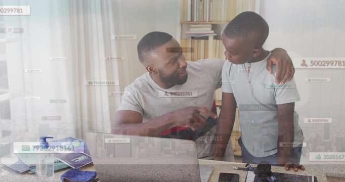 Father guiding son at desk, tapping laptop, chart overlays appearing showing learning progress