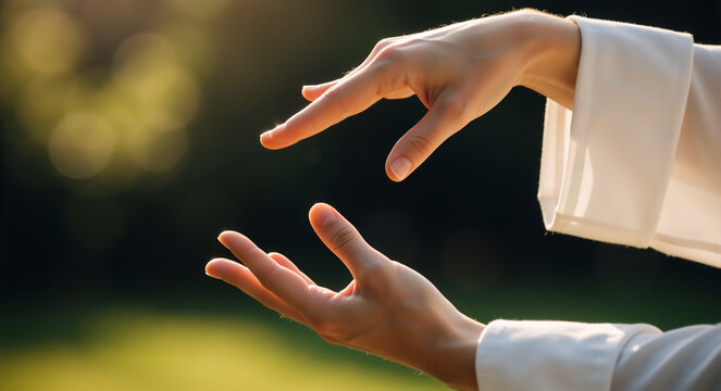 Close up of hands practicing tai chi outdoors. Person in white shirt performing qigong gestures in a park at golden hour. Mindfulness and energy concept