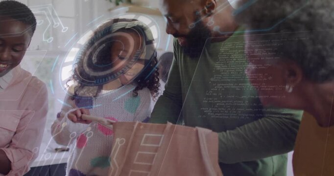 Man reaching into brown bag, showing yellow object to child at counter, technology overlay guiding