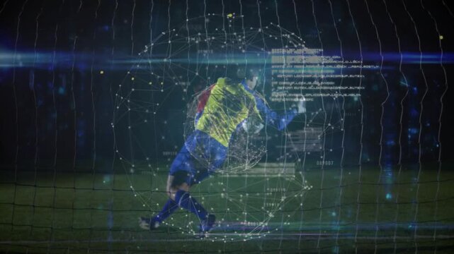 Sports striker planting, shooting to score, keeper diving while data sphere tracking ball into net