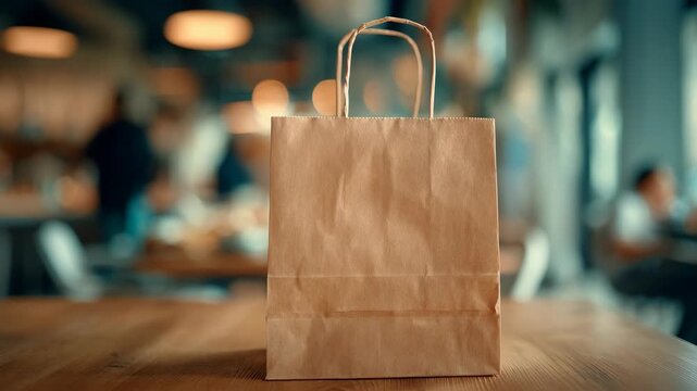 A brown paper bag sits on a wooden table in a cafe, suggesting takeaway or shopping