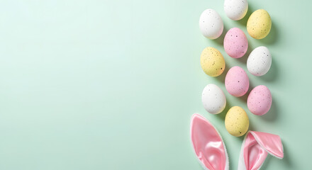 Obraz premium Colorful easter eggs and broken shells on a pastel green background