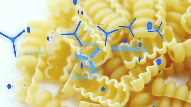 On load blue rotors rising over ruffled pasta, dots falling, text fading, forming green emblem