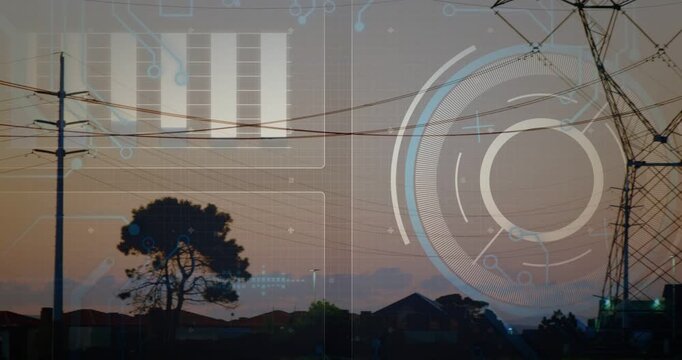Camera panning right, utility towers shifting into frame as HUD circles aligning to monitor grid