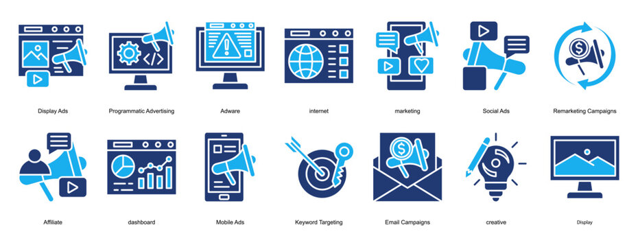 programmatic advertising Icon Set Collection Pack Banner Web Vector Illustration  Concept. Containing Adware, internet, marketing, Social Ads, Remarketing Campaigns, Affiliate icon