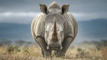 Fototapeta premium gray rhinoceros standing in savannah with cloudy sky