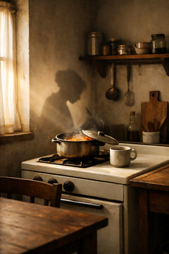 Vintage kitchen with steaming pot on a gas stove and sunlight