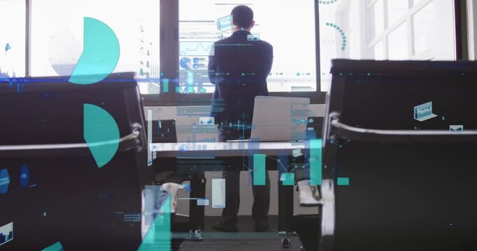 Exec facing window, frame widening on data, overlays shaping finance charts around him for planning