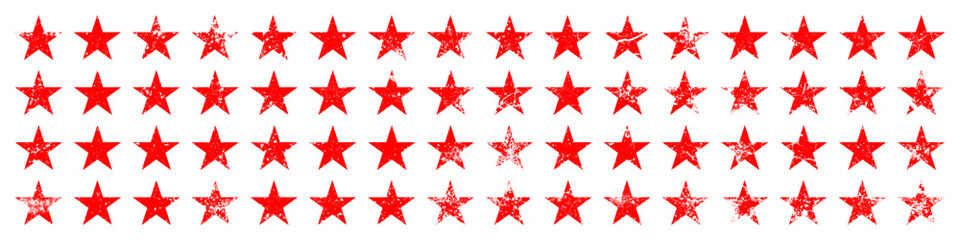 Obraz premium Red vintage stars with cracks and stains. Old hand-drawn sign, black simple shape. Retro design element with distressed effect, grunge texture. Vector illustration
