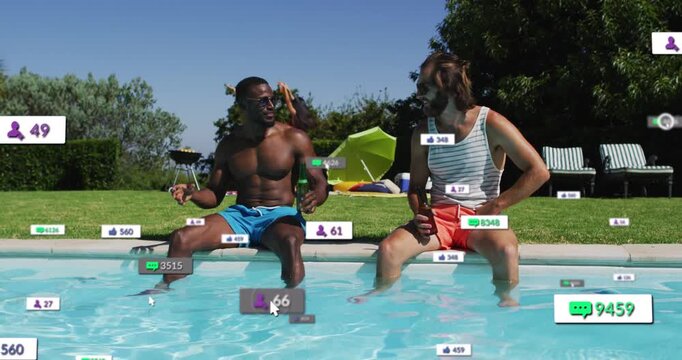 Sitting two men in trunks chatting at backyard pool, holding beers with overlay graphics floating