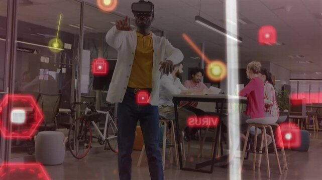 Man wearing VR headset reaching, activating AR nodes and orb, nodes linking, demoing tech for team