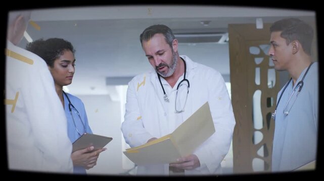 Doctor opening manila file, reading chart and planning care while gold overlay drifting then fading