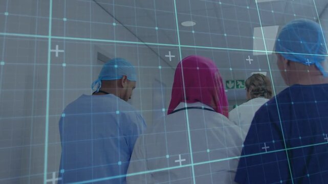 Medical team walking hall, seeing staff ahead and heading to duty with blue grid tracking steps