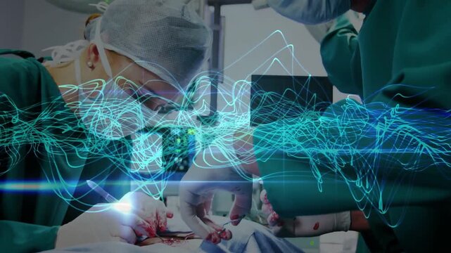 Surgical team suturing to close incision as camera panning down, overlaid waveform tracking vitals