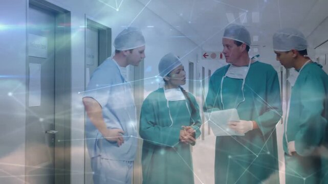 OR team joining, opening clipboard, reviewing preop while cloud-node overlay drifting across group