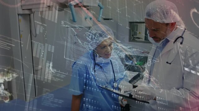 Doctor and nurse checking tablet, activating hologram map panels by exam table for medical prep