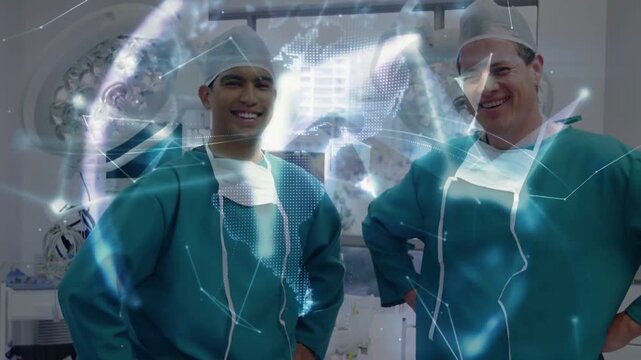 Two surgeons posing in OR as camera pull triggers animated nodes and holo brain showing teamwork