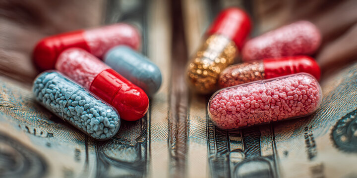 Capsules scattered over currency notes. Visual depiction of medication pills spread across financial documents emphasizing economic concern