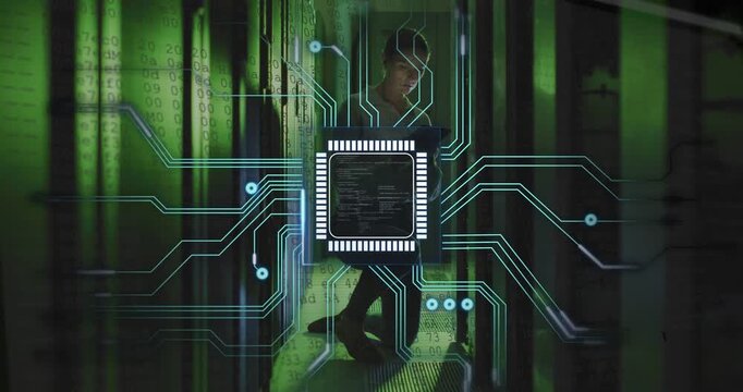IT tech kneeling between racks tapping tablet causing HUD animating into chip showing diagnostics