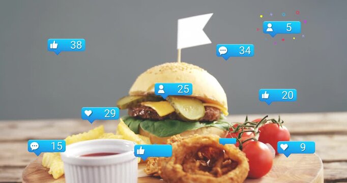 Burger staying still, one blue bubble appearing around food, bubbles counting up for food marketing