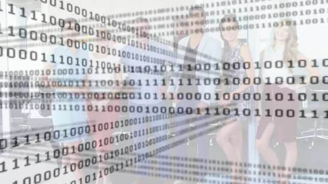 Binary overlay sweeping forward, revealing six colleagues posing in office for tech corporate promo