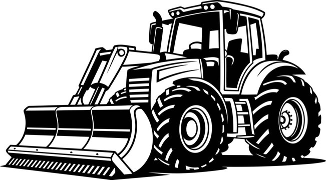 Heavy tractor with front loader attachment for construction and agricultural work, large rugged tires