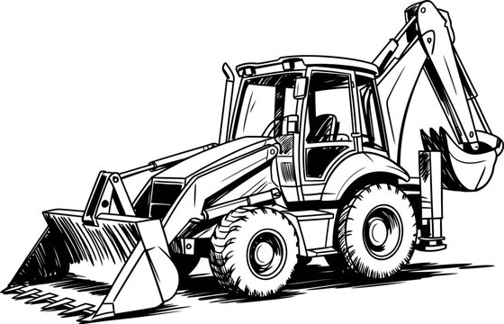 heavy construction backhoe loader with front bucket and rear excavator arm, digging and earthmoving machinery