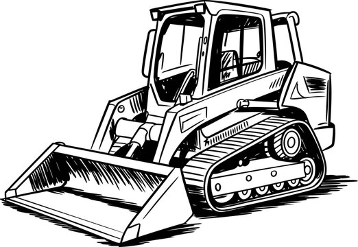 Compact tracked loader with front bucket attachment, industrial construction equipment sketch