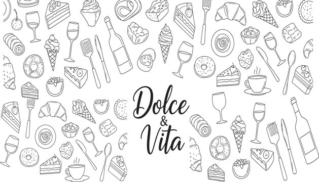 Doodle pattern of sweet desserts pastries and coffee cups for cafe menu background.
