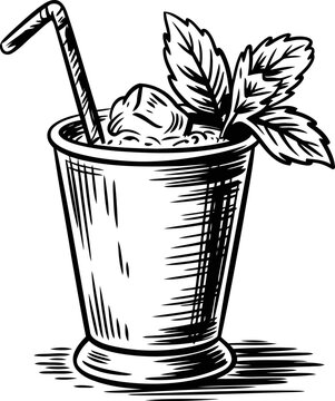 Classic mint julep cocktail with ice cubes, metal cup, straw, and fresh mint leaves illustration