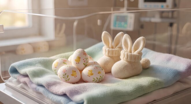 Tender scene of a newborn celebrating first easter in a hospital nursery, with soft pastel eggs and gentle spring light, representing hope and new beginnings