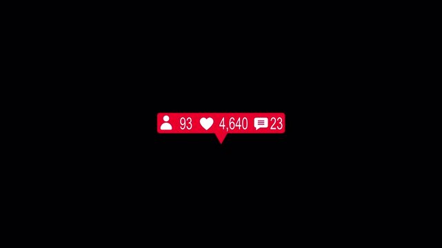 Red social media notification bar displaying for comments, likes,  followers with alpha channel, Likes heart counter from 0 to 10000 with followers 0 to 200            in red rectangle animation video