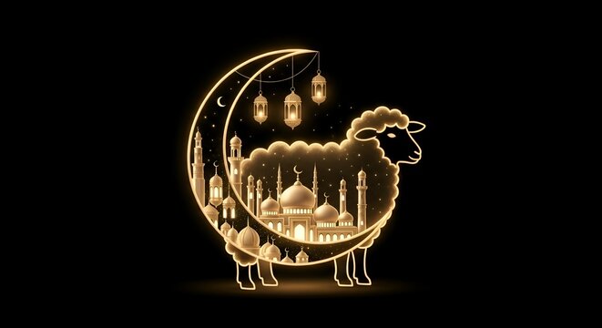 Golden Crescent Moon Sheep Illustration with Mosque and Lanterns for Eid al-Adha Celebrations