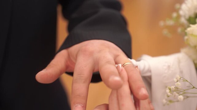 Closeup the intimate moment of bride and groom exchanging wedding diamond rings during wedding ceremony. Beautifully symbolizes love, commitment, and beginning of lifelong journey together