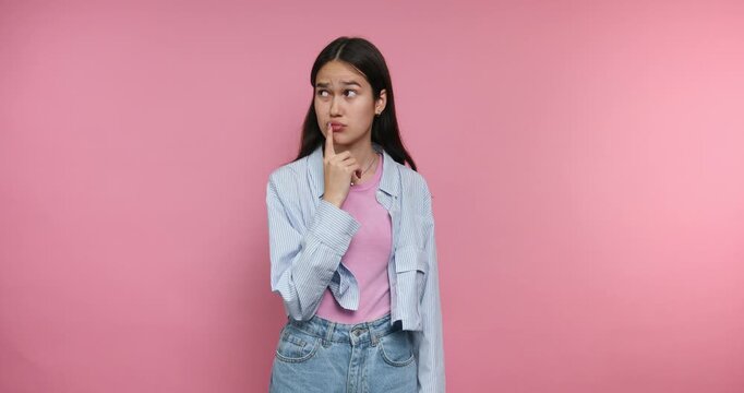 Thoughtful moments of a young woman in front of a pink background while showing different expressions and gestures