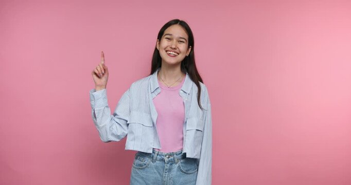 Girl shows different expressions and gestures against a pink background in a fun activity