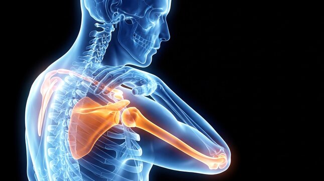 Human skeleton with highlighted shoulder joint and bones, transparent blue body, orange highlighted shoulder area, medical anatomy illustration