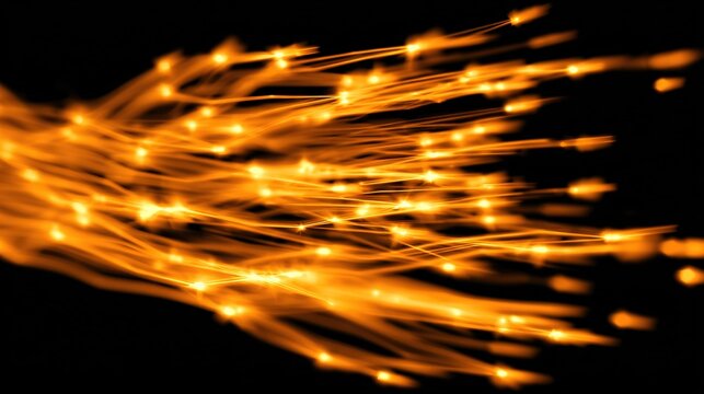 A bundle of glowing orange fiber optic cables against a black background