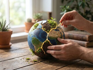 Fototapeta premium Hands meticulously repair a fractured Earth globe with golden lines, symbolizing profound environmental healing, global restoration, and the crucial journey towards a sustainable future